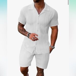 White Textured Button-Up Shirt and Shorts Set